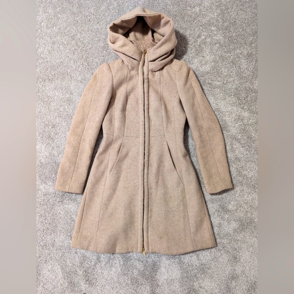 Zara Hooded Dual Zip Wool Blend Coat, Cream/Tan, size M